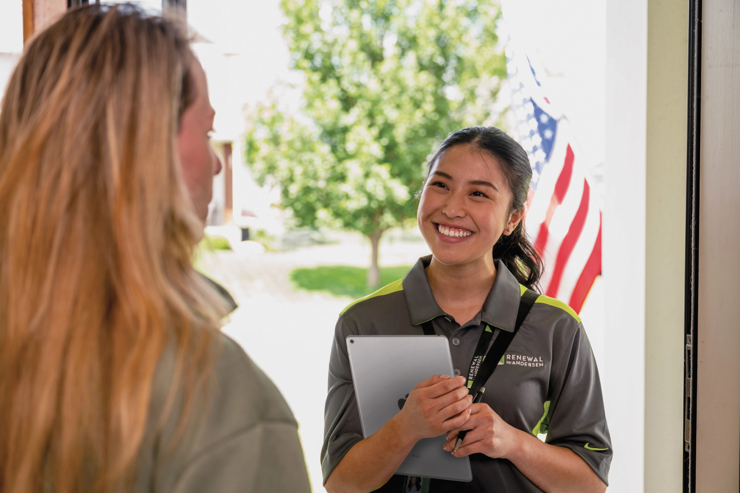 Proximity marketing employees in training and out on the street talking with homeowners.