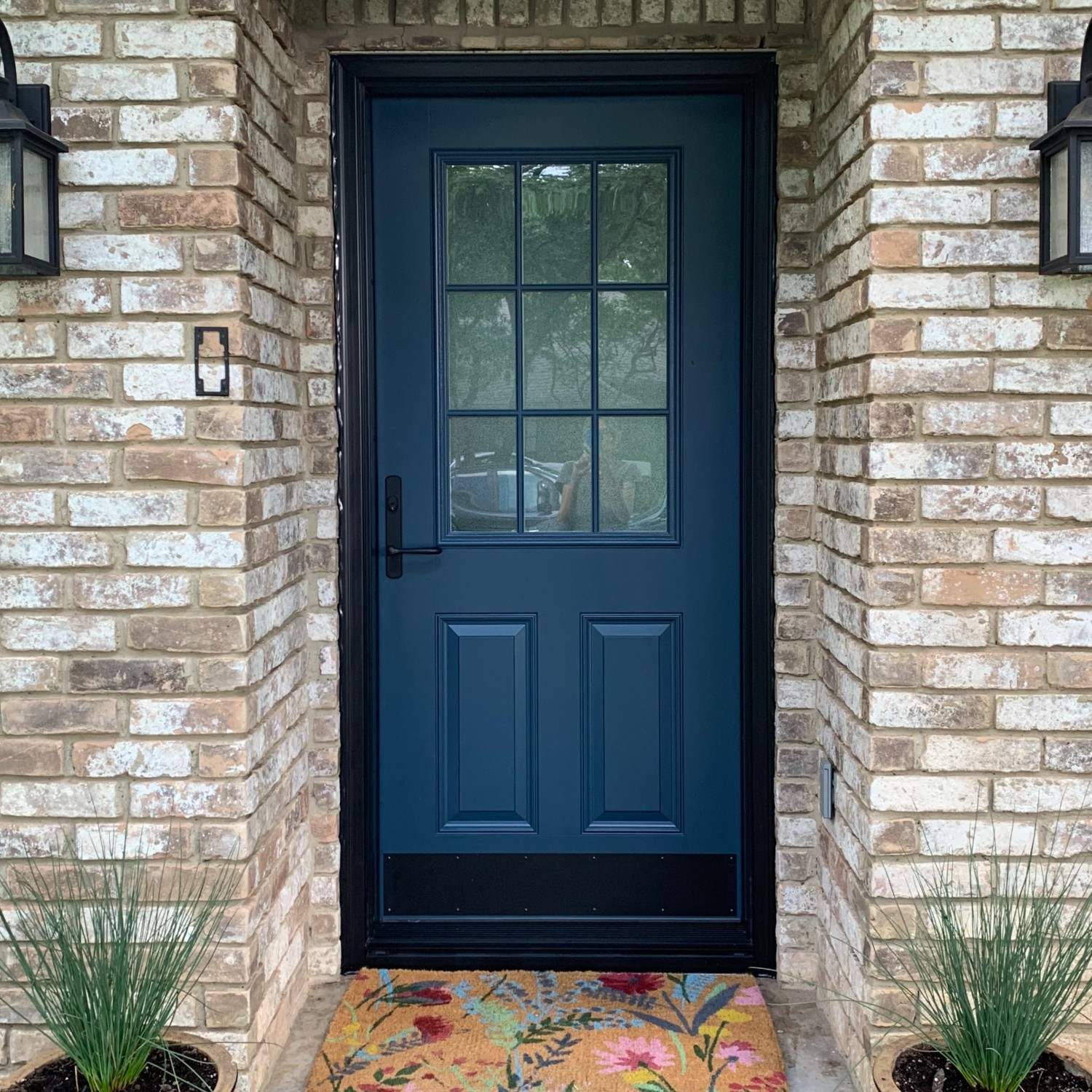 A single panel Ensemble entry door. It has a half-light glass panel with colonial grilles. The door is blue and it has black trim and hardware.