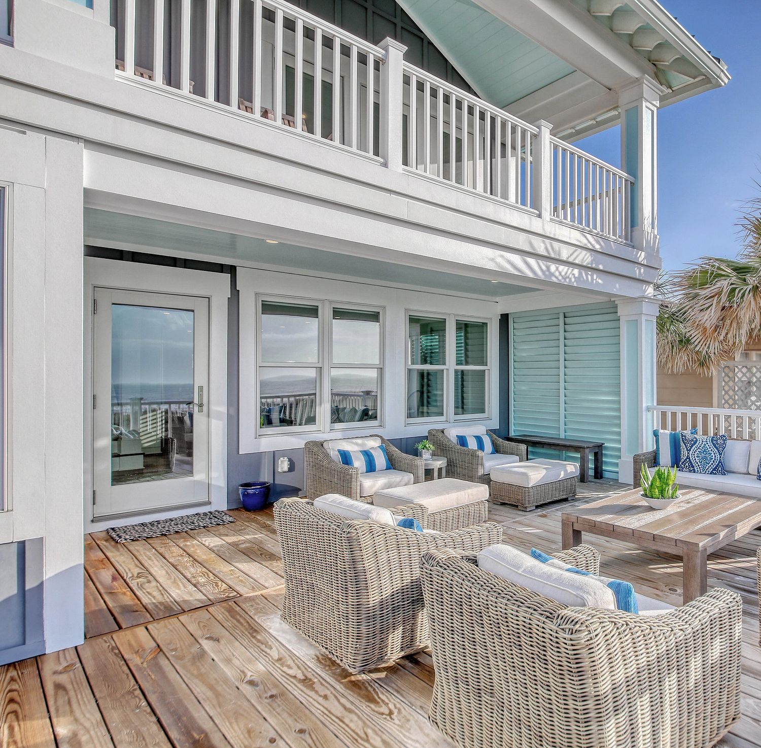 A coastal outdoor patio area.
